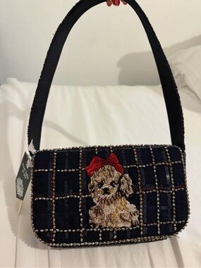 Embroidered Puppy Beaded Shoulder Bag - Black with Red Accent